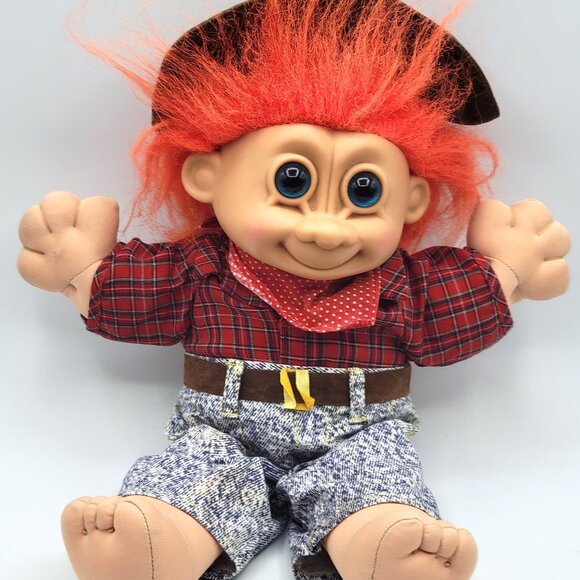 Russ Troll Doll 12" Cowboy Soft Body Doll Playsuit Hat Orange Hair Blue Eyes - Picture 1 of 10